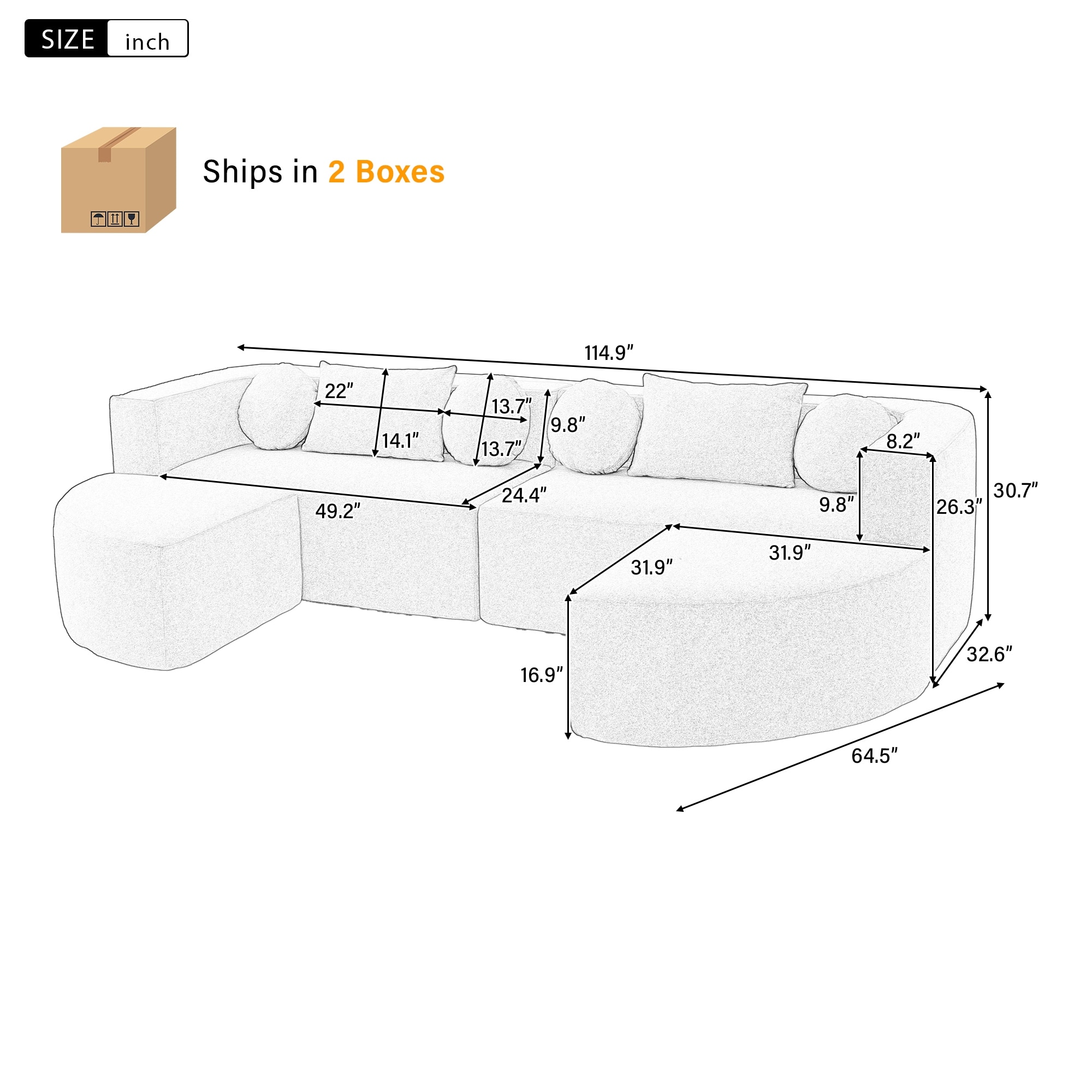 U-Shape Modular Sectional Sofa, Boucle Upholstered Boneless Couch, Compression Sofa with 4 Throw Pillows & 2 Cushions