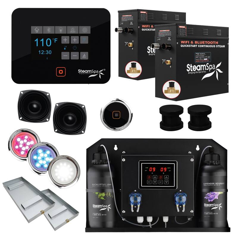 Black Series WiFi and Bluetooth 2 x 9kW QuickStart Steam Bath Generator Package with Dual Aroma Pump in Matte Black - Matte Black