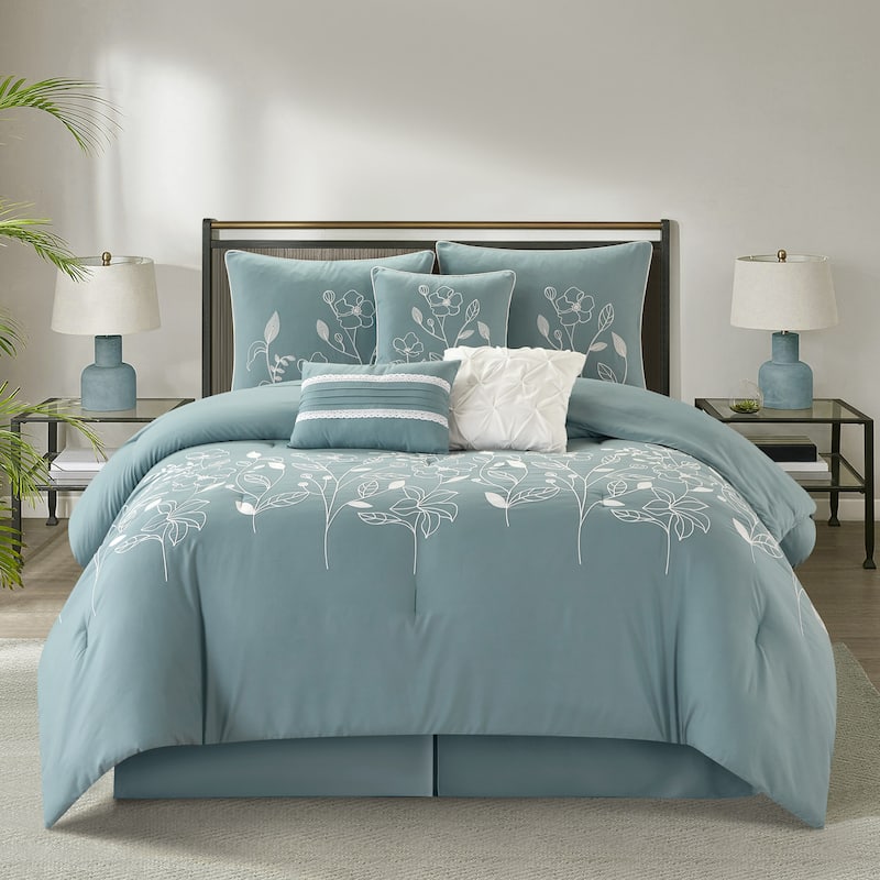 Nanshing Taylor 7 Piece Floral Botanical Comforter Set - King - Blue