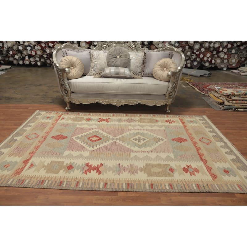 Hand Woven Oriental 100% Wool Carpet Southwestern Tribal Beige & Ivories Kilim Area Rug - 9' 0'' X 5' 11''