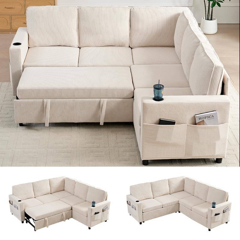 Mixoy Convertible Modular bunk combination sofa with pull out bed,L-shaped 5-seat Sectional Sleeper Sofa Bed with Storage seat - Beige - L-Shaped