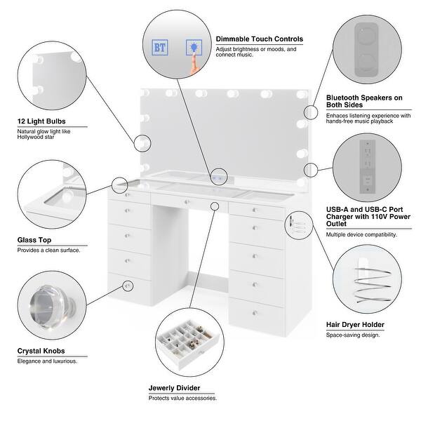 Boahaus Makeup Vanity Table, 13 Drawers, Lights, Glass Top, White - N/A