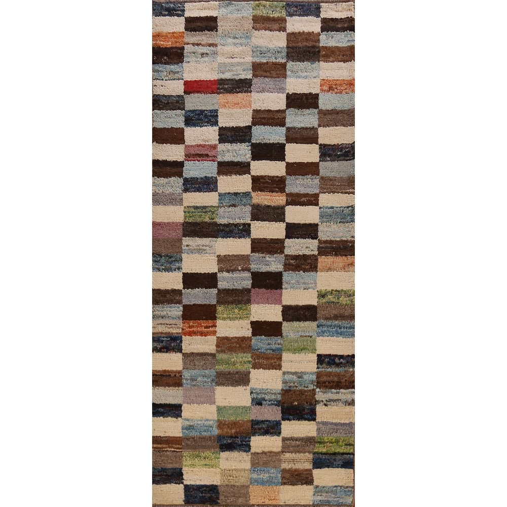 Checkered Moroccan Oriental Runner Rug Hand-Knotted Wool Carpet - 3'2" x 9'8"