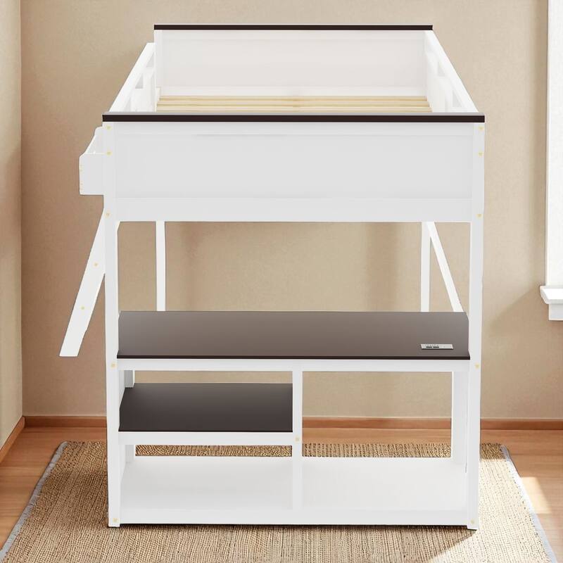 Queen Size Loft Bed with Desk, Open Shelves, Storage Box, USB Charging Station, White Wooden Loft Bed Frame
