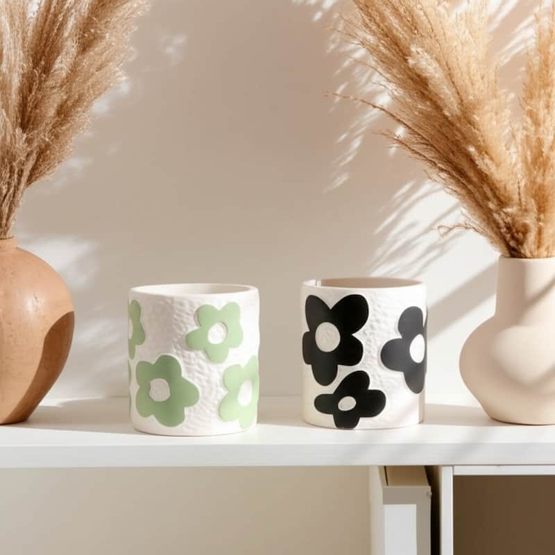 Decorative Flower Pencil Cups Storage - Set of 2, 4", Green & Black - 4.0"