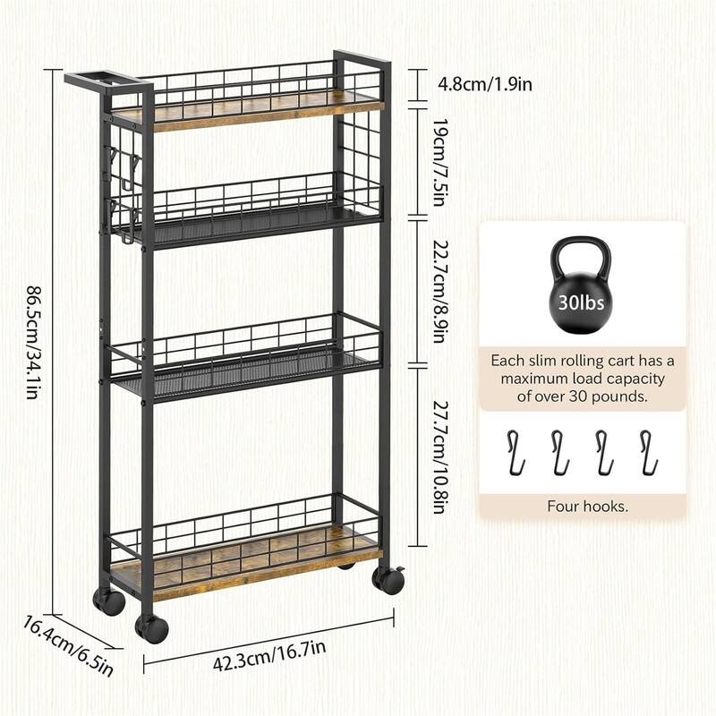 4 Tier Mobile Narrow Shelving Unit Organizer Utility Cart with Handle - 16.7"D x 6.5"W x 34.1"H