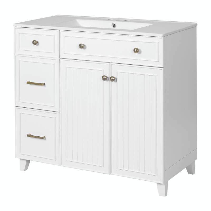 36" Bathroom Vanity with Ceramic Sink, Soft-Close Doors, Standard & Double-Layer Drawers & Adjustable Shelves
