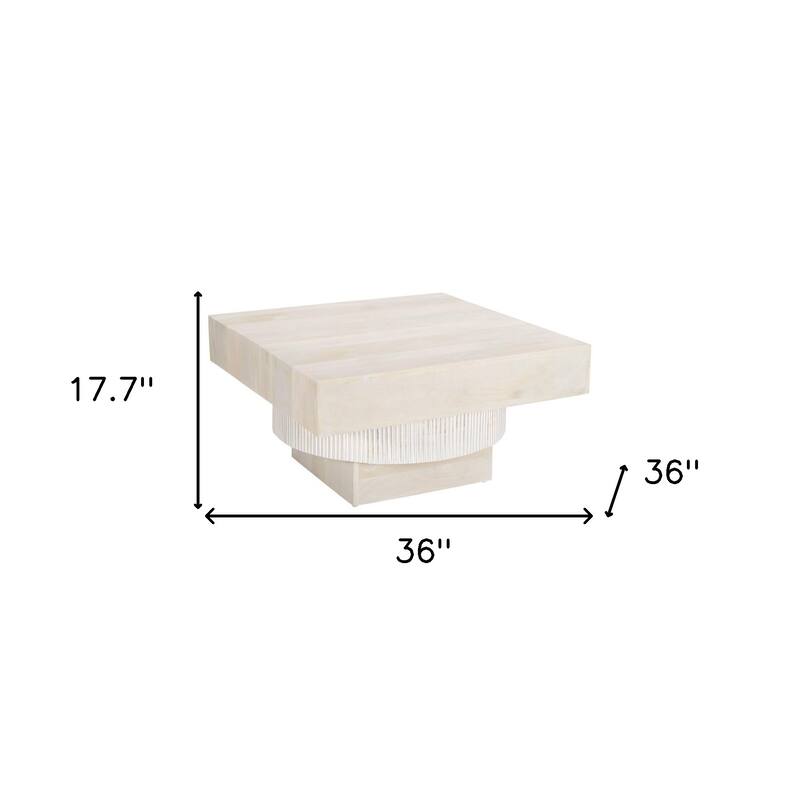 HomeRoots 36" Natural White Solid Wood Square Geo Pedestal Coffee Table - 36.00 in. x 17.70 in. x 36.00 in.