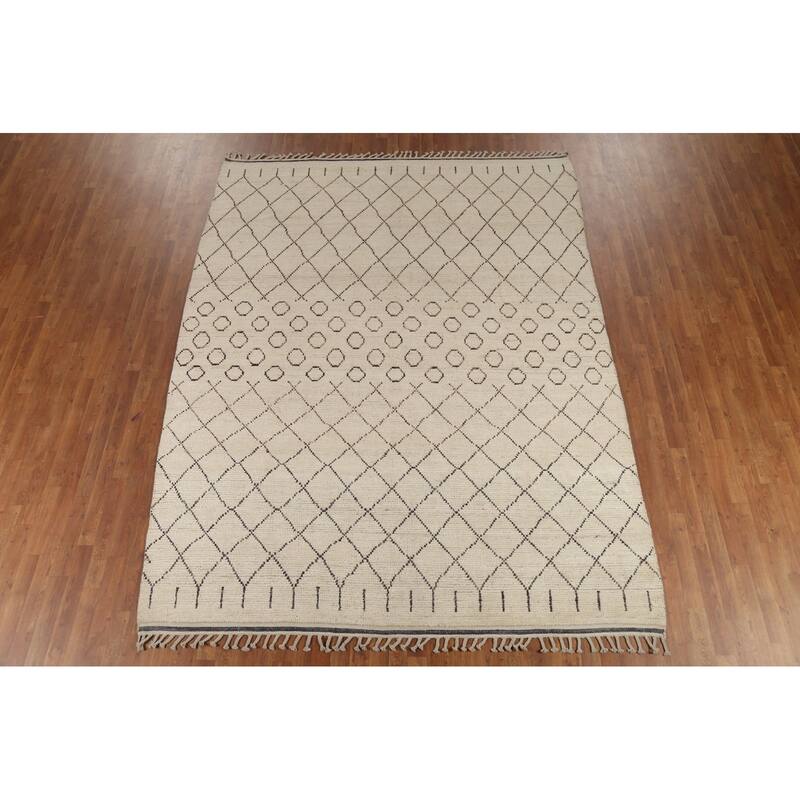 Ivory Trellis Moroccan Rug Hand-Knotted Striped Wool Carpet - 8'1"x 10'4"