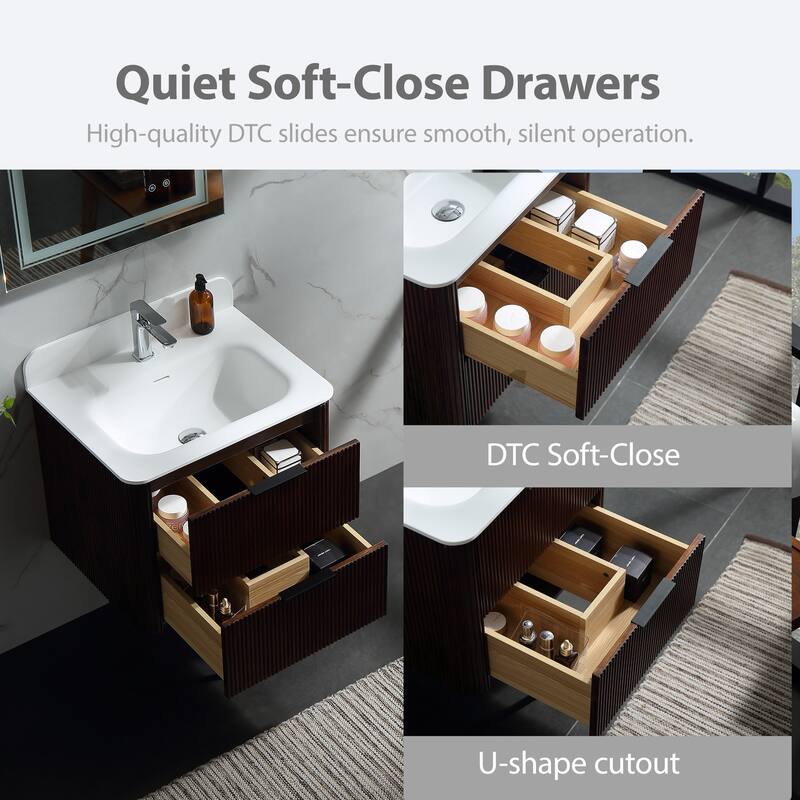 Modland Fluted Floating Vanity with Sink, Plywood Wall Mount Cabinet, Curved Edge, 24/30/36 Inch