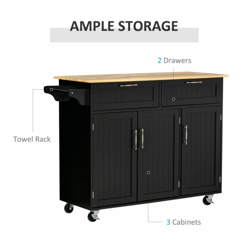 Kitchen Cart with Wood Top, Storage Drawers, 3-door Cabinets, Adjustable Shelves and Towel Rack, Black