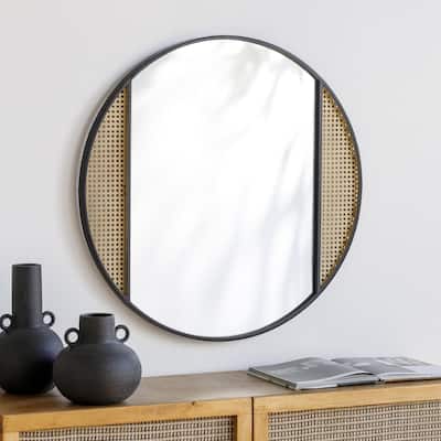 Aviva Modern Boho Cane & Black Round Wall Mirror
