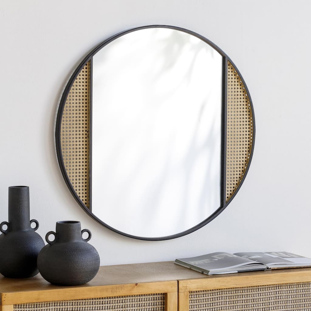 Aviva Modern Boho Cane & Black Round Wall Mirror