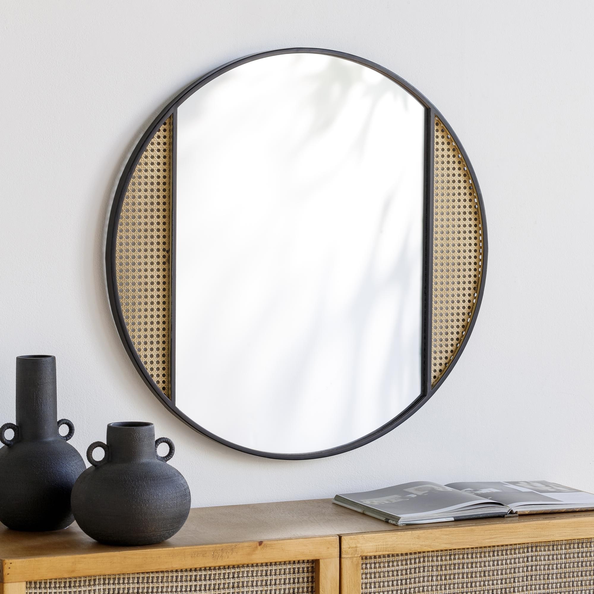 Aviva Modern Boho Cane & Black Round Wall Mirror