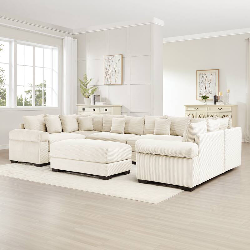 6-Seat Convertible Cloud Corduroy Modular Sofa with 1 Ottoman & Throw Pillows