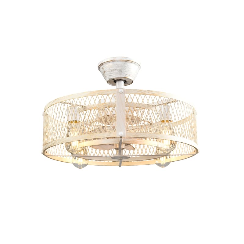 20-26" Caged outdoor Ceiling Fan with Light: Remote App Control-Farmhouse Fandelier Flush Mount Fixture Reversible 6 Speed Timer - White - 20in