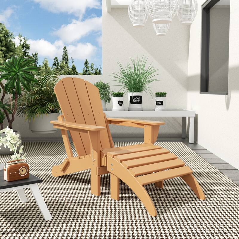 Polytrends Laguna Hdpe All Weather Outdoor Patio Foldable Adirondack Chair With Ottoman (2-Piece Set) - Teak