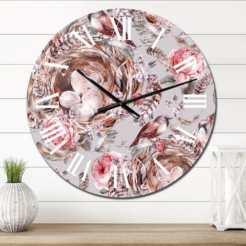 Designart 'Vintage Pattern With Rose Birds Nests, Feathers I' Patterned wall clock