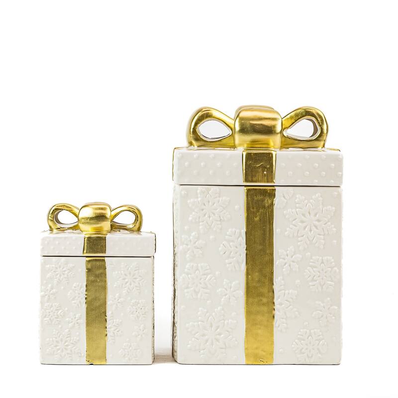 10 Strawberry Street Set of 2 Gift Box Cookie Jars - Gold Ribbon