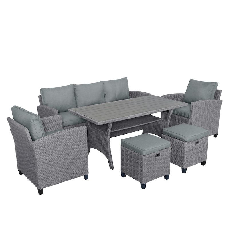 6 Piece Outdoor Patio Conversation Furniture Set with Coffee Table, All Weather PE Rattan Sofa Set with 2 Ottoman and Cushions