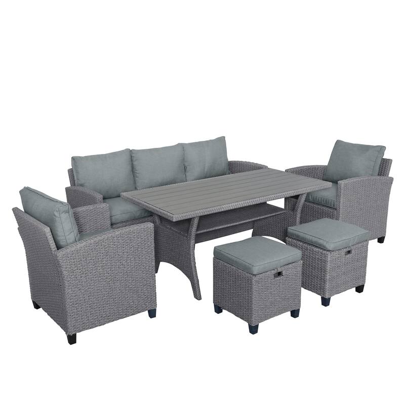 Outdoor 6-Piece Rattan Sectional Sofa Set with Dining Table, Chair & Stools