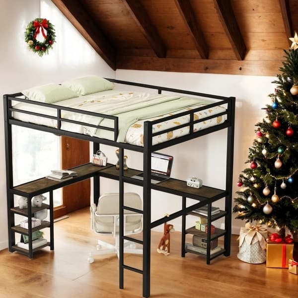 slide 2 of 14, Full Metal Loft Bed with Desk and Shelves,Loft Bed Frame for Bedroom, Black Black