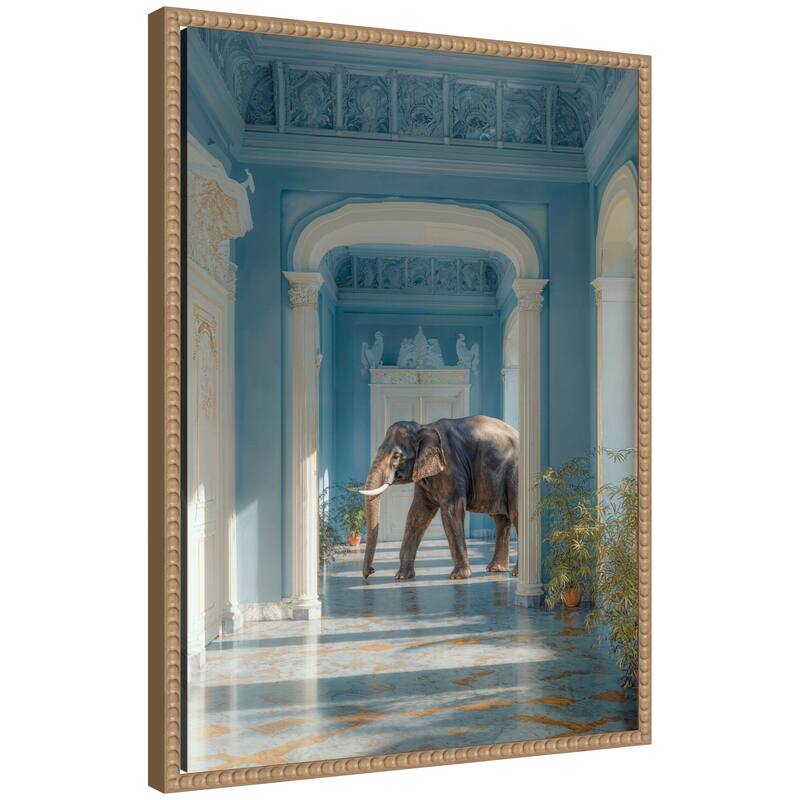 Kate and Laurel Elephant Strolling Through the Blue Wing by Michael Schauer Framed Canvas Wall Art Print - 18 x 24 - Brown
