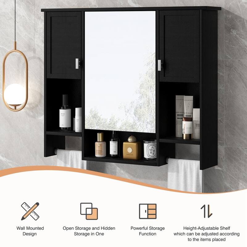 Over the Toilet Medicine Cabinet Wall Cabinet for Bathroom with Mirrored Cabinet, Side Cabinets, Open Shelves and Towel Racks