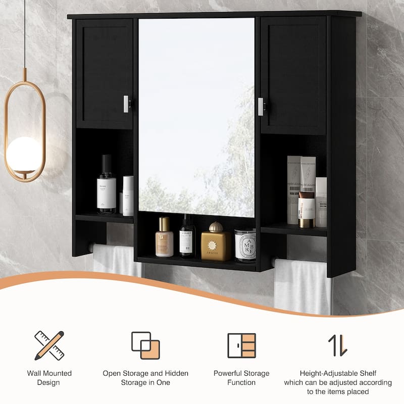 Roomfitters 35"x28" Wall Mounted Mirror Cabinet, Bathroom Storage with Towel Bar, Modern Medicine Cabinet for Wall Use, Black