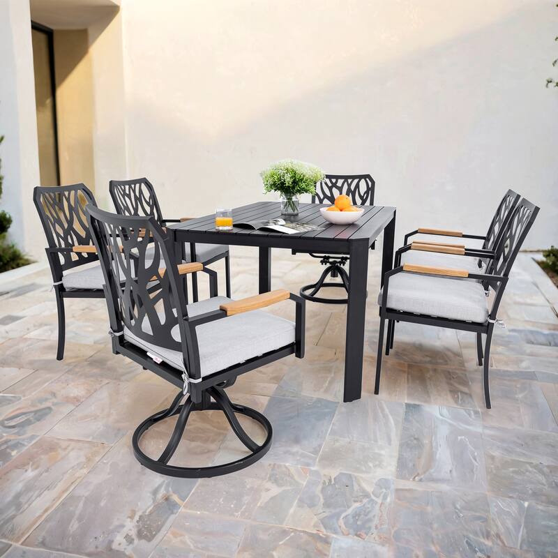 7 Pcs Outdoor Aluminum Furniture Set, Patio Dining Set with 4 Dining Chairs and 2 Swivel Rockers, Table with Umbrella Hole