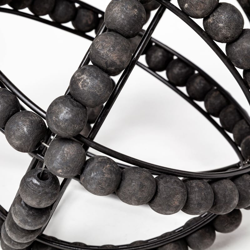 Black Wooden Bead and Metal Orb Sculpture