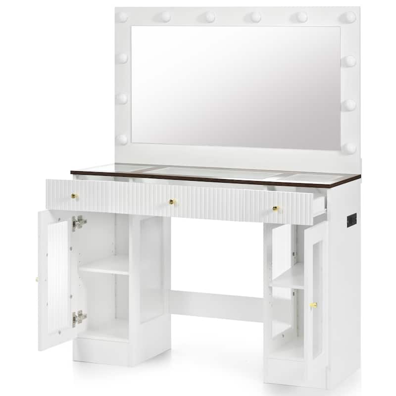 43.3"Vanity Desk with Large Mirror and Hollywood Bulbs,Glass Top Makeup Vanity with Drawers and Power Outlet