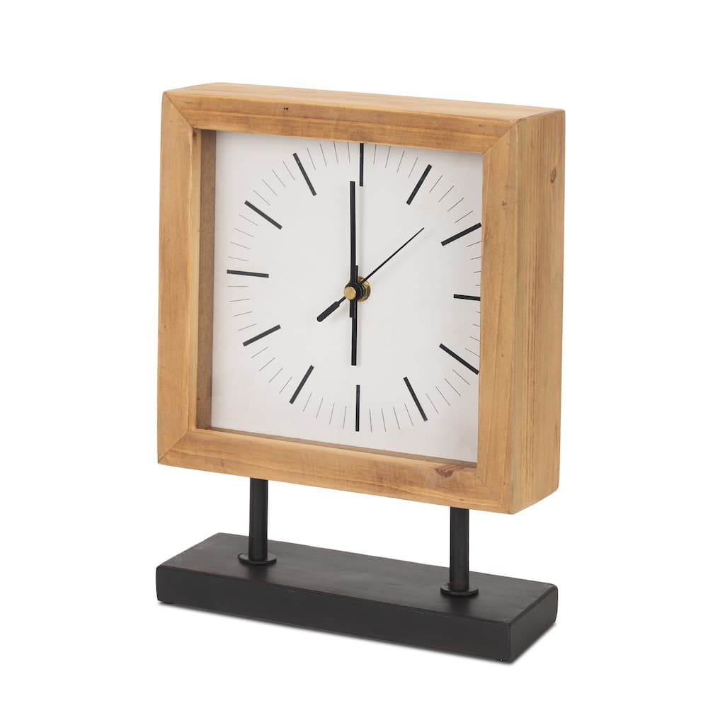 Renaya Light Brown Wood w/ Matte Black Metal Base Table Clock - 8.1L x 2.8W x 11.0H