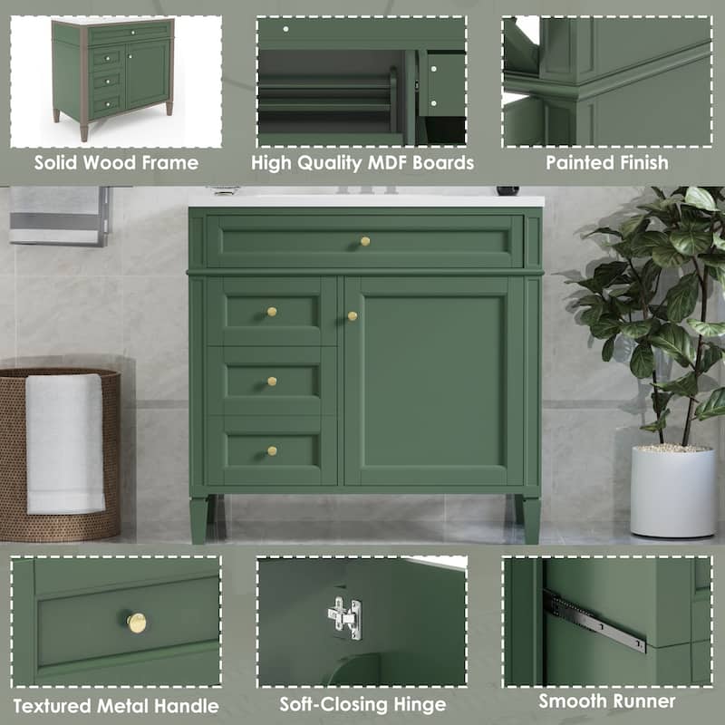 36" Bathroom Vanity with Top-Mount Sink - Modern Cabinet with 2 Drawers + Tip-Out Tray - Complete Single Sink Vanity Set