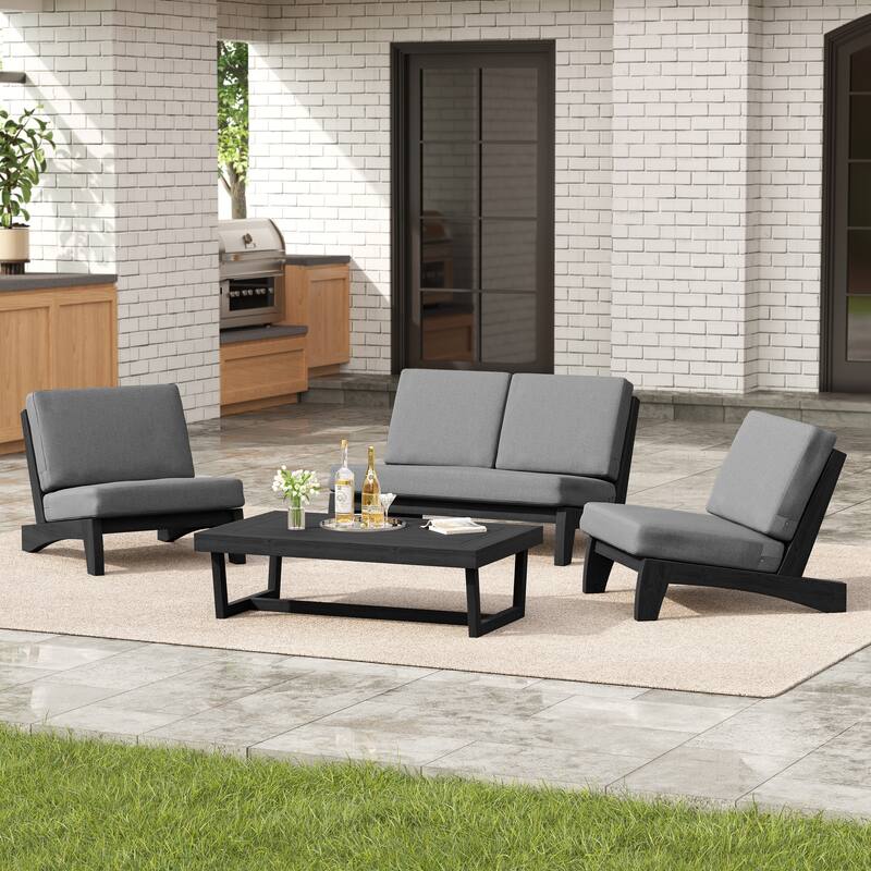 4 Set Outdoor Patio Teak Wood Club Chairs Loveseat with Cushion - Grey - BlackFrame