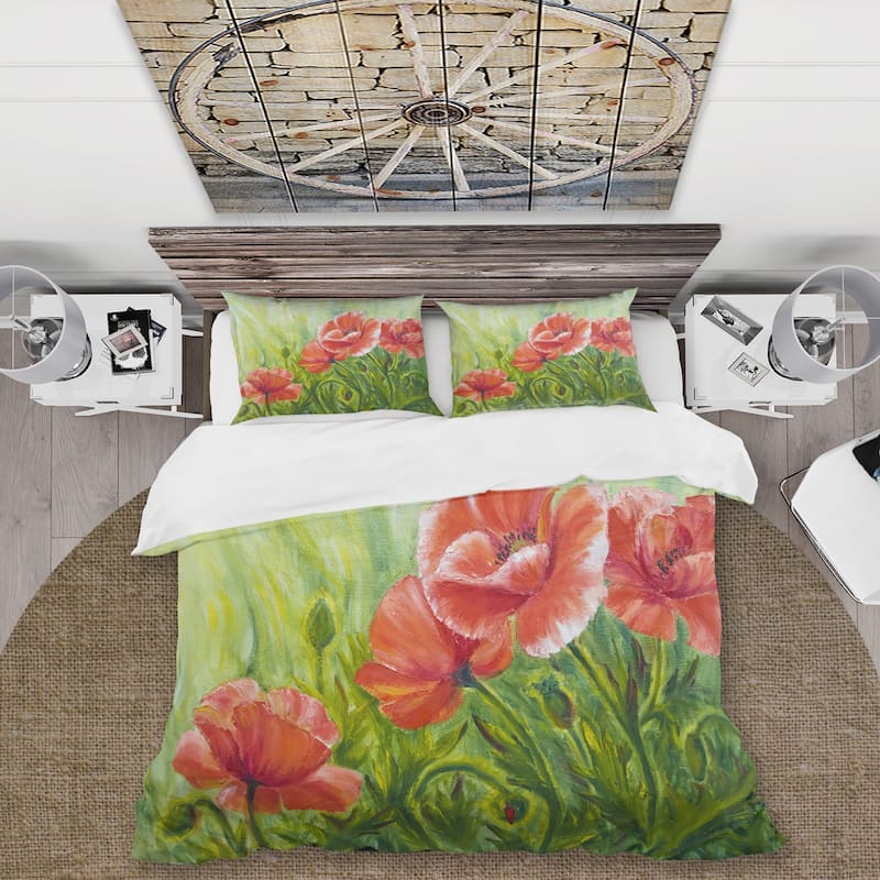 Designart 'Red Blossoming Poppies III' Traditional Duvet Cover Set