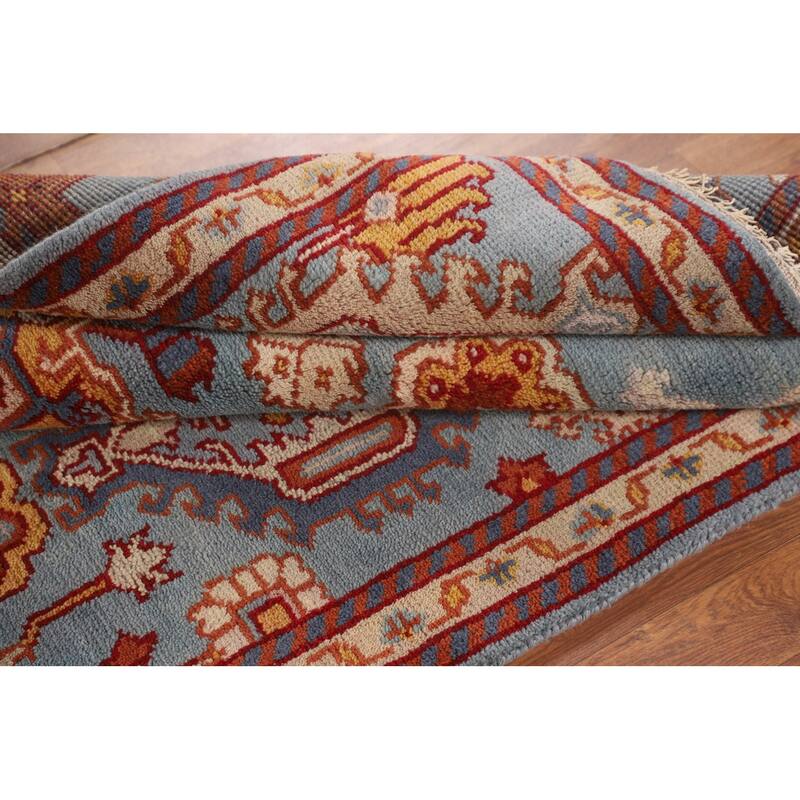 Light Blue Geometric Oushak Oriental Foyer Rug Handmade Wool Carpet - 4'0"x 6'2"