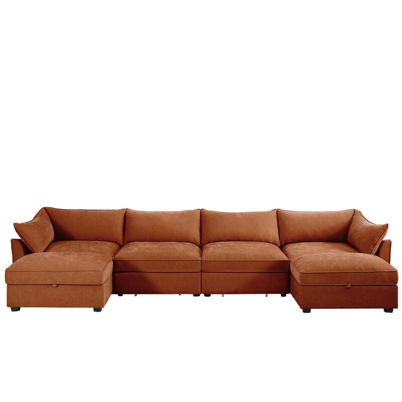 GDFStudio - Chenille U-Shaped 4-Seater 146.4" Modular Sofa with 2 Ottomans and Storage Drawers