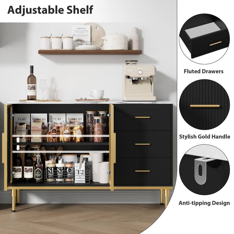 Fluted Sideboards Buffets Cabinet with Glass Doors, 3 Drawers, Marble Top Kitchen Sideboard Cabinet