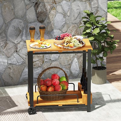 Outsunny Acacia Wood Outdoor Bar Cart with Wheels, Rolling 2-Tier Coffee & Drink Cart with 3 Bottle Holders, Outdoor Serving