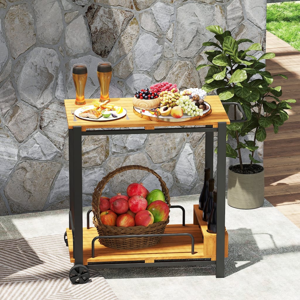 Outsunny Acacia Wood Outdoor Bar Cart with Wheels, Rolling 2-Tier Coffee & Drink Cart with 3 Bottle Holders, Outdoor Serving