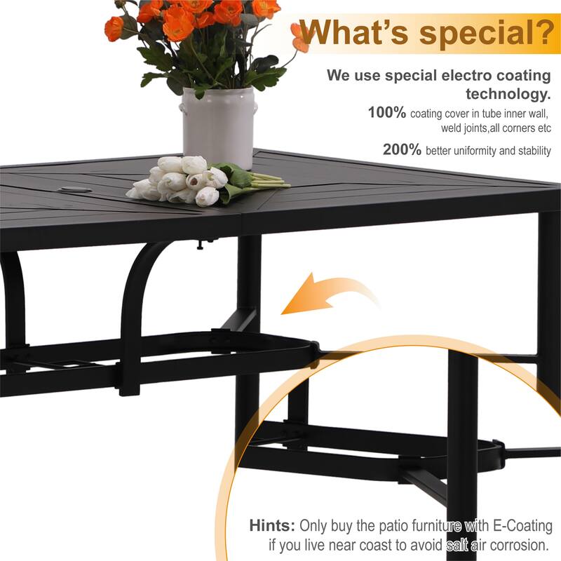 PHI VILLA 7-Piece Patio Dining Set Metal E-coating of 6 Upgraded Back Pattern Chairs & 1 Umbrella Hole Metal Table
