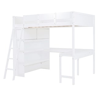 Full Size Loft Bed with Desk & Shelf, Solid Pine Wood Loft Bed Frame with Full-Length Guardrail for Study or Office Areas, White