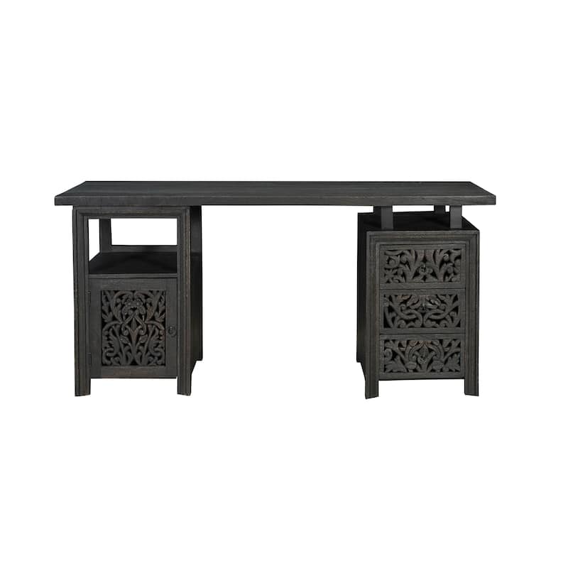Floral Motif Solid Wood Desk with 3 Drawers and 1 Door - Black