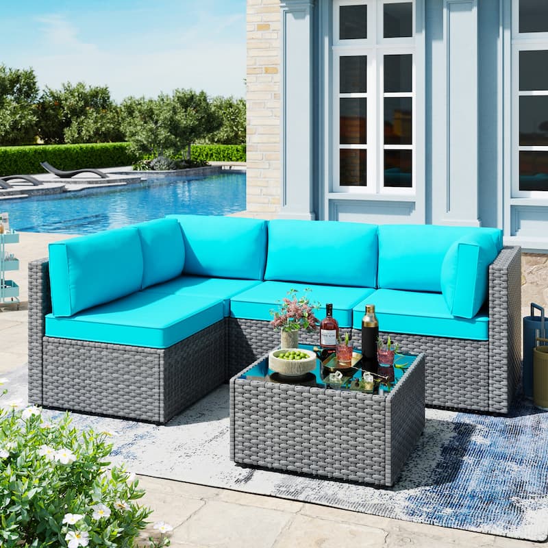 Outdoor 5-Piece Wicker Sectional Sofa Set with Table - Blue/Silver
