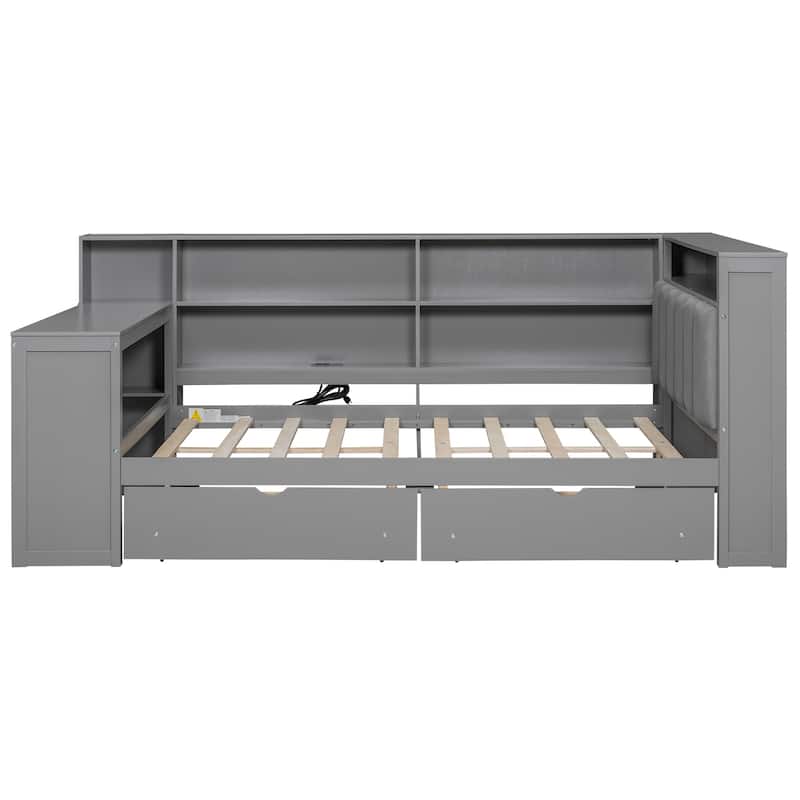 LED Platform Daybed, Wooden Sofa Bed Frame with Built In Desk, Charging Station, Upholstered Headboard, 2 Drawers and Shelves