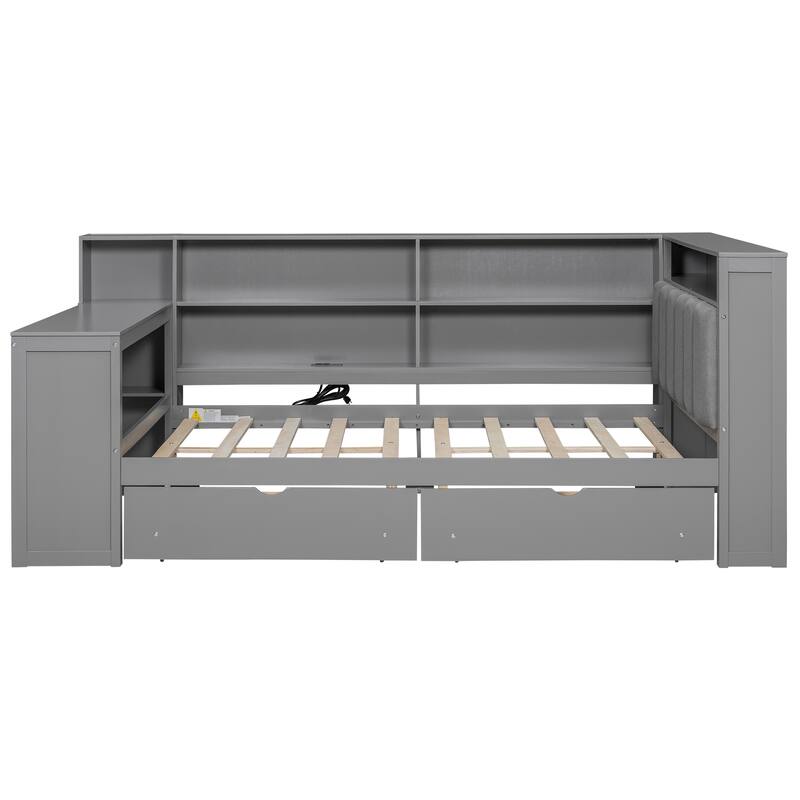 Wood Daybed Twin Size Platform Bed with Storage Shelves, Drawers, Charging Station, Desk, LED and Upholstered Cushion Headboard
