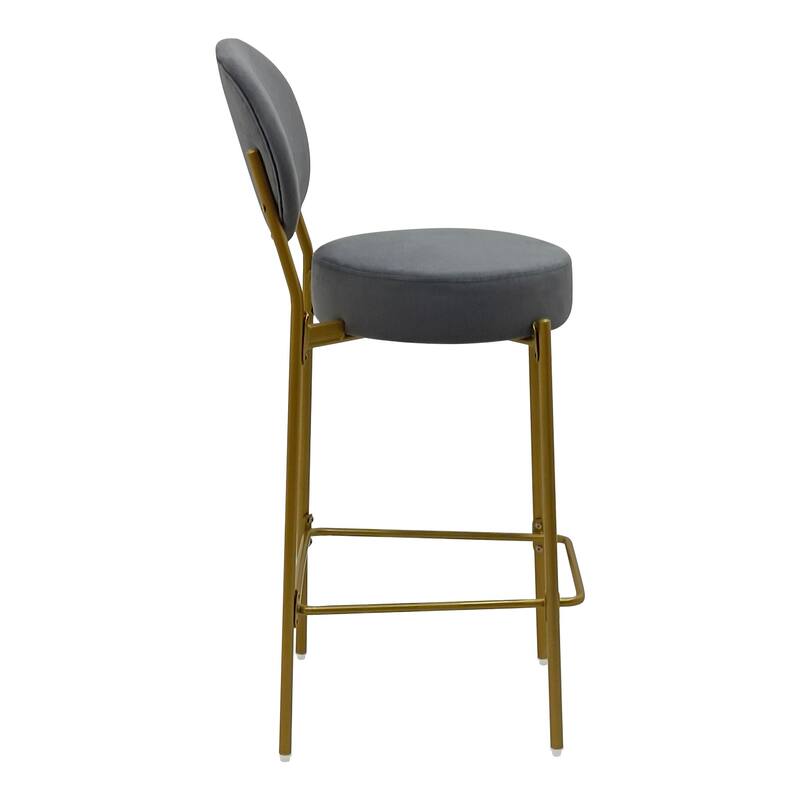Velvet Upholstered Bar Stools Set of 2, Round Counter Stools with ergonomic Backrest, Breakfast Bar Chairs with Metal Legs