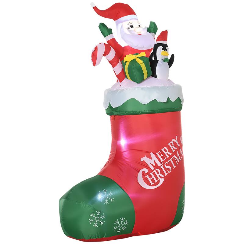 Outsunny 5ft Christmas Inflatable Santa and Penguin Standing in Sock with Candy Cane Gift Box