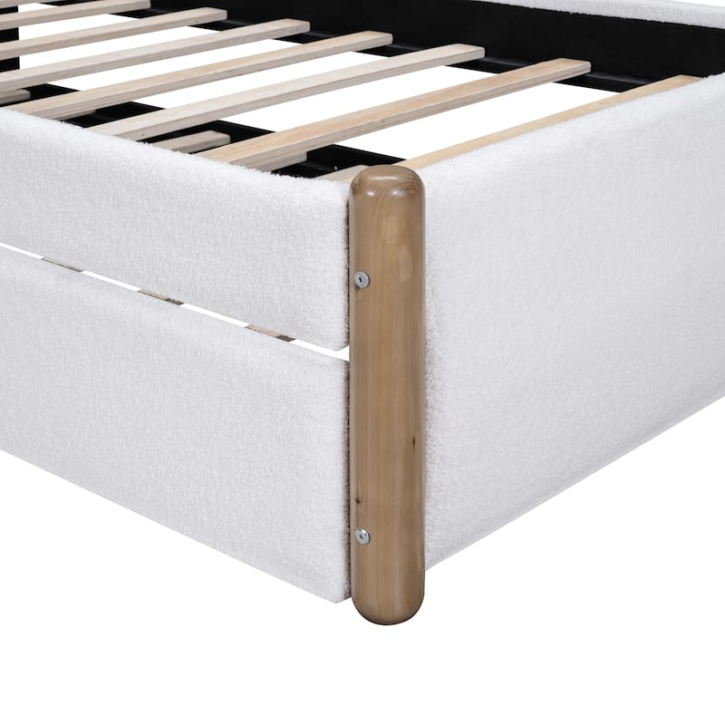 Upholstered Platform Bed with Twin Trundle, Berber Fleece Bed Frame with Thick Headboard, Wood Supporting Feet